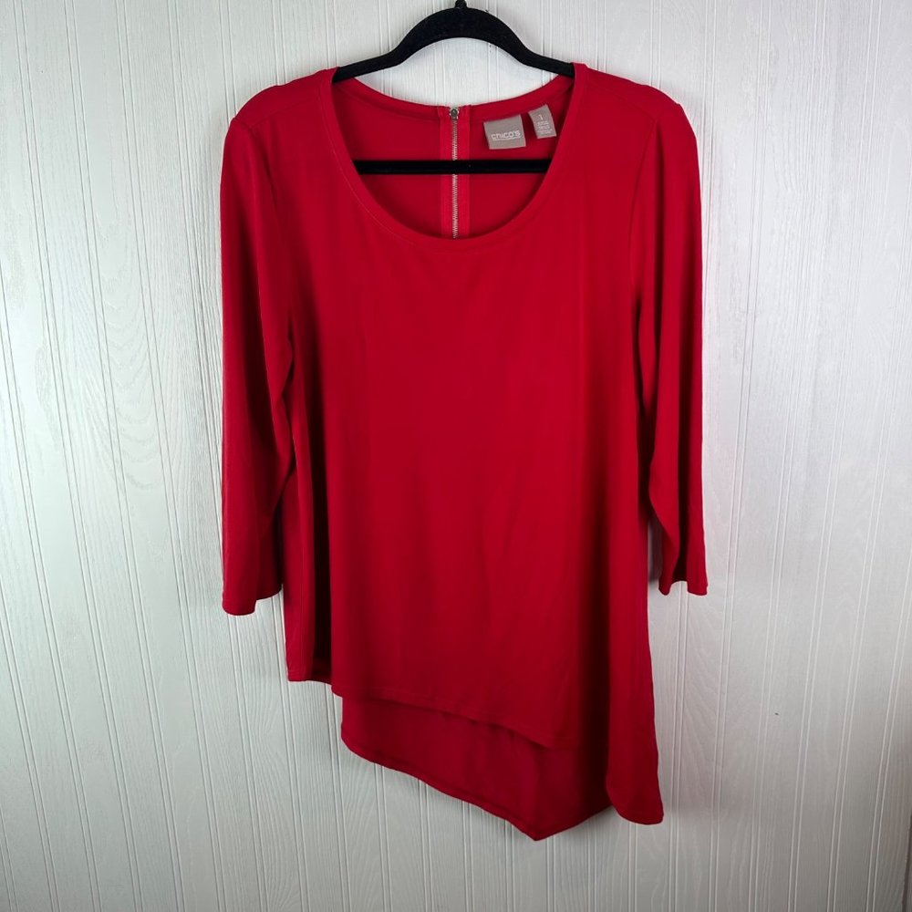 Chico's Red Asymmetrical Blouse Zipper‎ Back Size Small